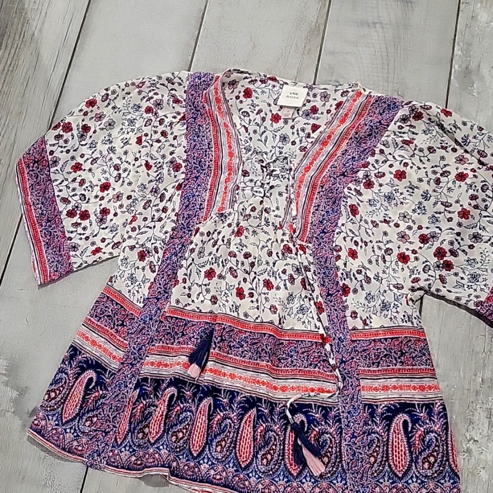 Knox Rose bojo loose fit blouse blue red & tan  size small #5A